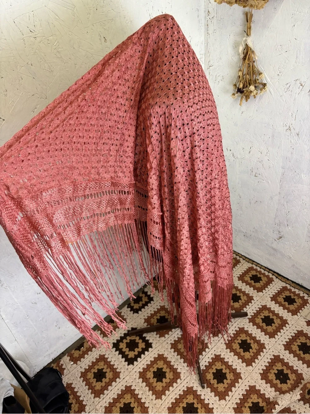 HUGE knit Fringe Festival Style Shawl Wrap Pink Coverup